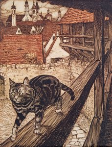 De kat sloop achter de stadsmuren naar de kerk, uit De Sprookjes van de Gebroeders Grimm, pub. 1909 door Arthur Rackham