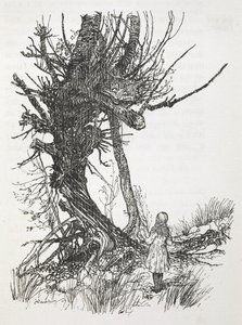 De Cheshire Cat in een boom die naar Alice kijkt