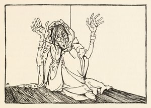 De heks zat tegen de muur, uit Morgans razernij in Ierse sprookjes door Arthur Rackham
