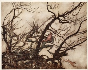 De Indianen beschouwden hen als de woonplaats van geesten., uit Rip Van Winkle door Washington Irving, uitgegeven 1910 door Arthur Rackham