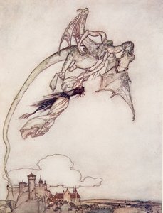 De enige dochter van de koning was ontvoerd door een draak, uit De Sprookjes van de Gebroeders Grimm, uitgegeven 1909 door Arthur Rackham