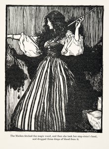 Het meisje haalde de toverstok, en toen nam ze het hoofd van haar stiefzus en liet er drie druppels bloed uit vallen, uit De Sprookjes van de Gebroeders Grimm, uitgegeven 1909
