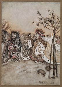 De Hartenkoningin schreeuwt boos na het spel croquet door Arthur Rackham