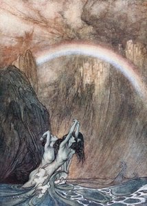 De Rijnmeisjes bewenen hun verloren goud. Illustratie voor De Rijn en De Walkuren door Richard Wagner
