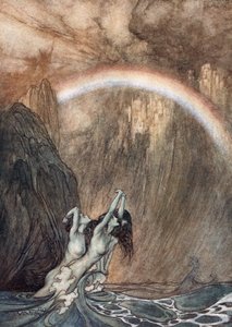 De mooie kinderen van de Rijn, treurend om hun verloren goud, huilen, 1910 door Arthur Rackham