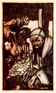 De Struldbrugs ongelukkige onsterfelijken zonder eeuwige jeugd die worden verklaard, uit Deel III: Een reis naar Laputa, Balnibarbi, Luggnagg, Glubbdubdrib en Japan in Gullivers Reizen door Jonathan Swift door Arthur Rackham