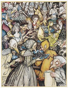 Het banket waar het echt grote gezelschap was verzameld. De Elfenkoning, met een gouden kroon, zijn dochters, en goblins en trollen bijeen voor een maaltijd. Illustratie voor 