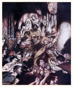 De feestzaal was in tumult, uit The Little Brawl in Irish Fairy Tales door Arthur Rackham