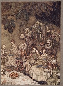 De feeën zitten rond op paddenstoelen en aanvankelijk gedragen ze zich goed, uit Peter Pan in Kensington Gardens door J M Barrie (1860 - 1937), pub. 1906