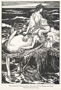 Ze vonden de prinses nog steeds op de rots, maar de draak sliep met zijn hoofd op haar schoot, uit De Sprookjes van de Gebroeders Grimm, uitgegeven 1909 door Arthur Rackham