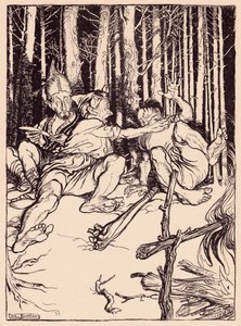 De reus gaf degene die naast hem zat een klap op het oor. Illustratie door Arthur Rackham uit Grimm