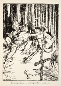 De reus gaf degene die naast hem zat een klap op het oor, uit Kleine Broer & Kleine Zus en Andere Verhalen door de Gebroeders Grimm, pub.1917 (litho) door Arthur Rackham
