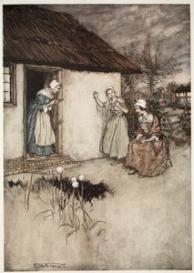 De goede vrouwen van het dorp gaven altijd, tijdens hun avondroddels, Dame Van Winkle de schuld., uit Rip Van Winkle door Washington Irving, uitgegeven 1910