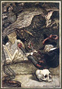 De kleine man had zich in het midden van de cirkel op de grote schedel gezet, uit The Ingoldsby Legends, pub. 1907 door Arthur Rackham