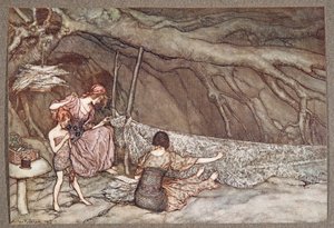 De kleine mensen weven hun zomergordijnen van skeletbladeren .., uit Peter Pan in Kensington Gardens door J M Barrie (1860 - 1937), pub. 1906 door Arthur Rackham