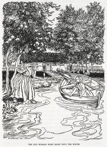 "De oude vrouw ging recht het water in". Illustratie voor 