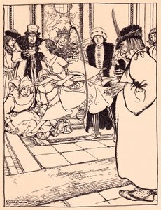 Het mooie meisje sprong door de hoepel zo licht als een hert. Illustratie door Arthur Rackham uit Grimm