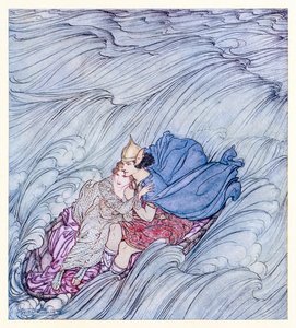 De golven van alle werelden leken langs hen te wervelen in één groot groen tapijt, uit Becuma van de witte huid in Ierse sprookjes door Arthur Rackham