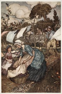 De vrouwen van het dorp vroegen hem altijd om klusjes te doen die hun minder behulpzame echtgenoten niet voor hen wilden doen., uit Rip Van Winkle door Washington Irving, uitgegeven 1910