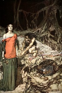 Het hof van Grimhilde, de moeder van Hagen door Arthur Rackham