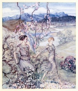 Toen gingen ze [Iollan en Tuiren] hand in hand in het land dat ruikt naar appelbloesem en honing, uit The Birth of Bran in Irish Fairy Tales door Arthur Rackham
