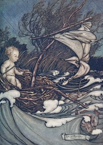 Er stak nu een machtige storm op en hij werd heen en weer geslingerd.., uit Peter Pan in Kensington Gardens door J M Barrie (1860 - 1937), pub. 1906