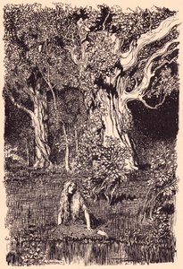 Daar zat ze en zou lange tijd blijven zitten als er niet een geritsel en gekraak in de takken van de dichtstbijzijnde boom was geweest. Illustratie door Arthur Rackham uit Grimm