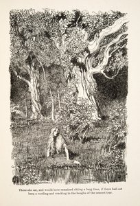 Daar zat ze, en zou daar lang zijn blijven zitten, als er niet een geritsel en gekraak in de takken van de dichtstbijzijnde boom was geweest, uit Kleine Broer & Kleine Zus en Andere Verhalen van de Gebroeders Grimm, uitgegeven 1917 door Arthur Rackham