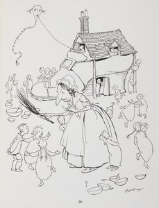 Er was eens een oude dame die in een schoen woonde. Vrouw met een schoenhuis en veel kinderen. door Arthur Rackham
