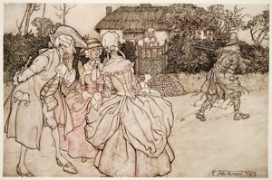 Ze staarden hem allemaal aan met gelijke tekenen van verbazing en streelden onvermijdelijk hun kinnen, uit Rip Van Winkle door Washington Irving, pub. 1910