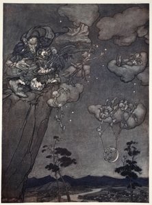 Ze werden geregeerd door een oude squaw-geest die de nieuwe manen aan de hemel hing en de oude in sterren sneed., uit Rip Van Winkle door Washington Irving, uitgegeven 1910 door Arthur Rackham