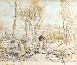 Drie Houtnimfen die Bloemen Verzamelen door Arthur Rackham