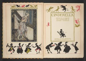 Titelpagina en frontispice uit Assepoester, naverteld door C.S. Evans, en geïllustreerd door Arthur Rackham