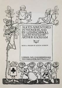 Titelpagina met een rozenstruik, het Witte Konijn en mannen verkleed als kaarten door Arthur Rackham