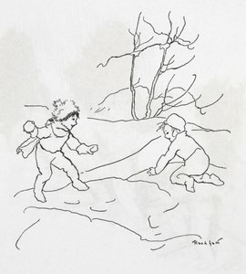 Twee kinderen die een sneeuwballengevecht houden door Arthur Rackham