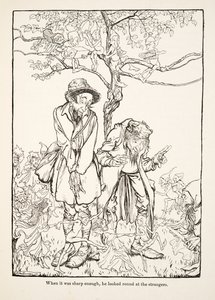 Toen het scherp genoeg was, keek hij rond naar vreemden, uit Kleine Broer & Kleine Zus en Andere Verhalen door de Gebroeders Grimm, pub.1917 (litho)