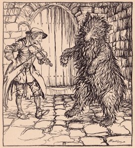 Toen de beer de muziek hoorde, kon hij niet anders dan beginnen te dansen. Illustratie door Arthur Rackham uit Grimm