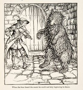 Toen de beer de muziek hoorde, kon hij niet anders dan beginnen te dansen, uit Kleine Broer & Kleine Zus en Andere Verhalen door de Gebroeders Grimm, uitgegeven 1917