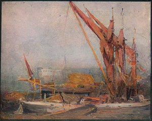 Hooiboten op de Theems, 1905 door Arthur Streeton