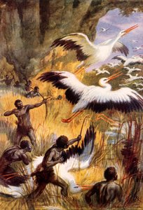 De strijd van de pygmeeën en de ooievaars (kleurenlitho)