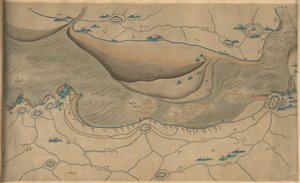 120.000. geleverd. Georiënteerd met het noorden naar de onderkant. Reliëf picturaal weergegeven. Picturale kaart. Hummel aankoop 1930, nr. 34. Toont gebied langs de Qiantang-rivier, vooral het gedeelte van de Hangzhou-baai in de provincie Zhejiang. Ook bes