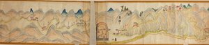 16.000. geleverd. Georiënteerd met het noorden naar rechts. Reliëf picturaal weergegeven. Vogelvlucht. Beslaat Wei-rivier in Baoji Xian, Shanxi Sheng tot Shu Dao in Shanxi-Sichuan grens. Toont nederzettingen, rustplaatsen, stations, herbergen, tempels, ber door Arthur W. Hummel