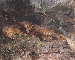 Tijgers rustend bij een stroom door Arthur Wardle