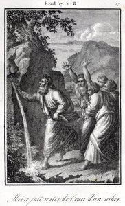 Bijbel - Mozes slaat op de rots en er komt water uit Exodus (gravure)