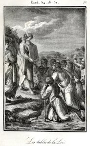 Bijbel, Mozes toont de twee tafelen met de tien geboden (gravure) door Artist Unknown