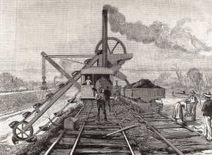 Constructie van het Panamakanaal. Baggerwerkzaamheden in het dorp Culebra. Originele tekening door Meltor Prior. Afbeelding gepubliceerd in "The Illustrated London News". Gravure.