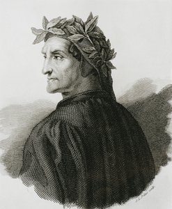 Dante Alighieri (1265-1321). Italiaanse dichter.; Raphael (1483-1520). Reproductie van een fresco van Raphael. Gravure.