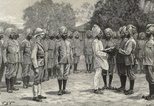 Engeland (19e eeuw). Kolonisatie. India. De nieuwe regimenten van Birma. Eedaflegging aan nieuwe rekruten. Gravure. Privécollectie