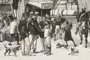 Engeland (19e eeuw). Kolonisatie (1880). Het leven van de goudzoekers in Australië. Engelse kolonie Botany Bay (gesticht in 1788) en aanvankelijk voornamelijk bevolkt door criminelen die goudzoekers en handelaren werden. Gravure. Privécollectie
