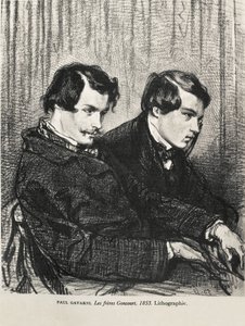 Edmond en Jules de Goncourt in een theaterloge. 1853. Litografie.
